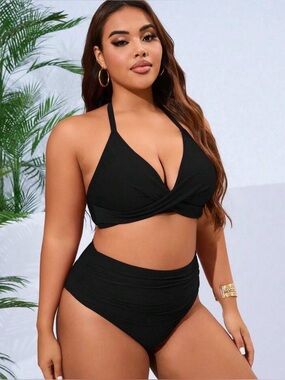 Plus Size Black Halter Twist-Front Bikini - Women Swim